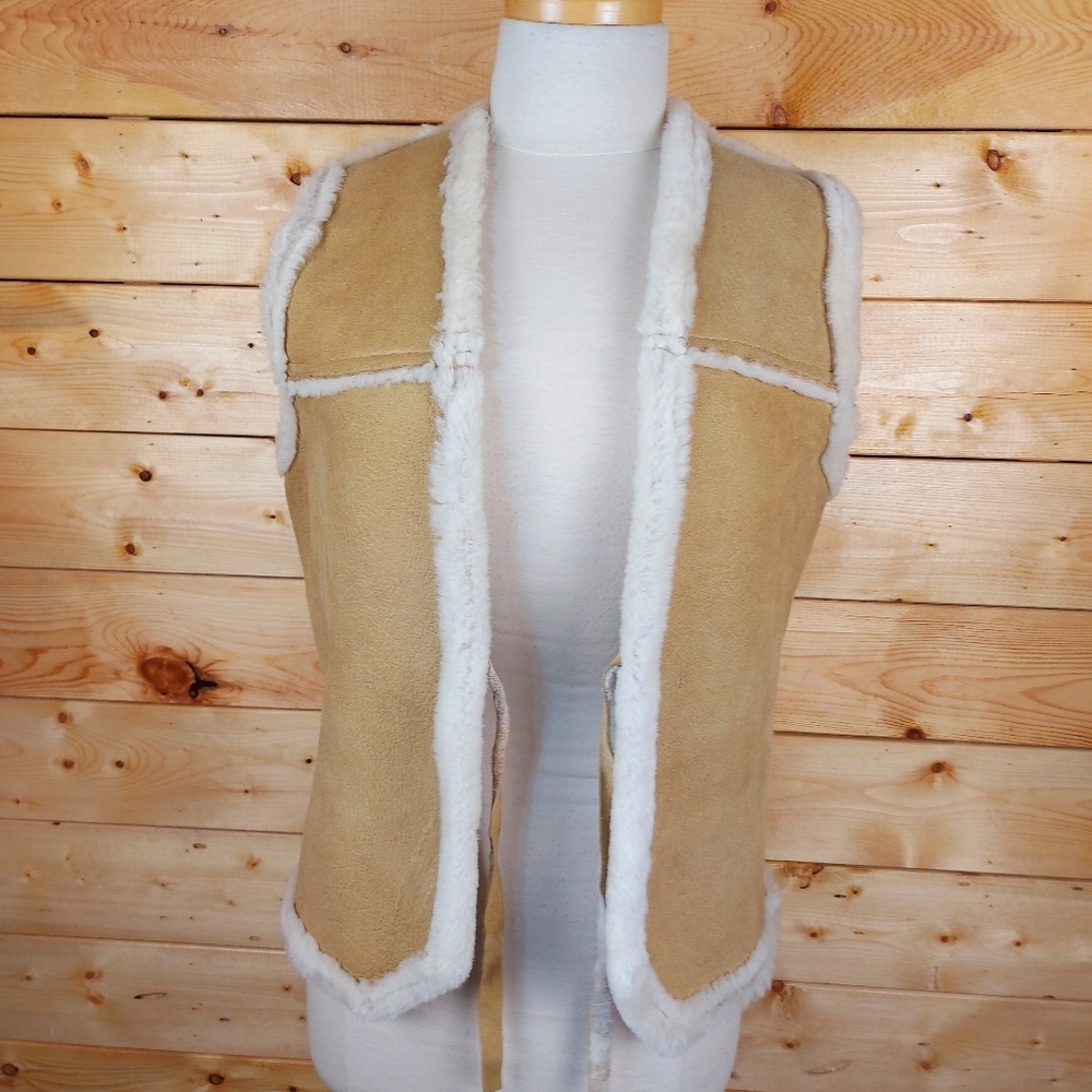 Vintage Shearling Vest Tan Sleeveless Sheepskin Leather Sherpa Jacket UNISEX